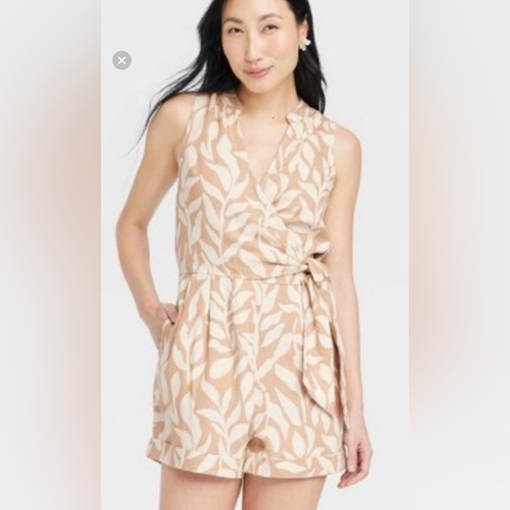 A New Day Linen Sleeveless Beige Leaf-Print Romper